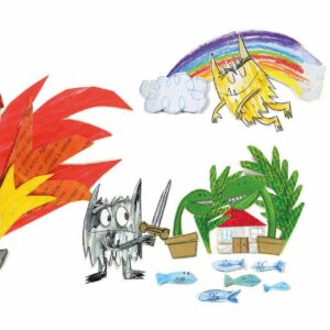 IlustraÃ§Ã£o com monstro, fogo, peixes, arco-Ã­ris e casa. dispostos lado a lado, representa os livros de monstros da Editora Aletria.